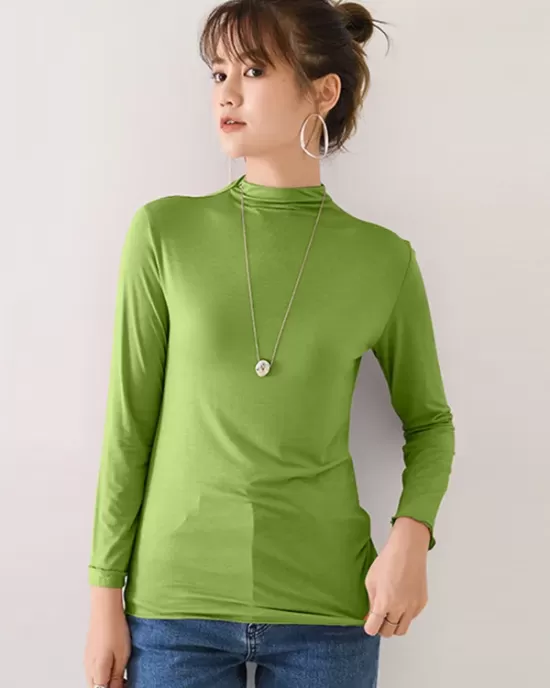 10 Colors Simple Solid Color Long Sleeves High-Neck T-Shirt Top