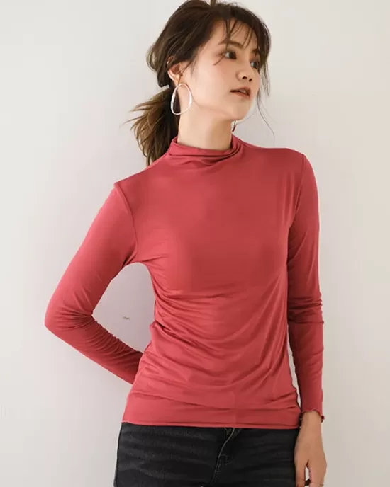 10 Colors Simple Solid Color Long Sleeves High-Neck T-Shirt Top