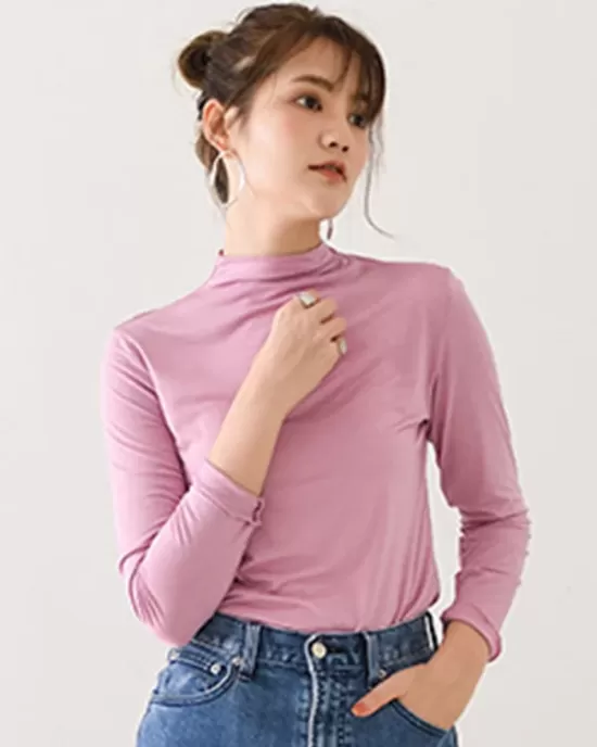 10 Colors Simple Solid Color Long Sleeves High-Neck T-Shirt Top