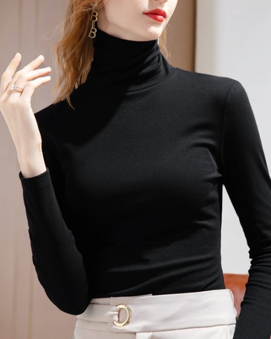 Simple 9 Colors High-Neck Long Sleeves T-Shirt Top