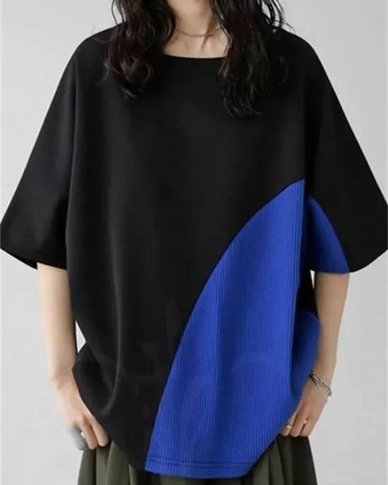 Contrast Color Batwing Sleeves Half Sleeves Round-neck T-Shirts Tops