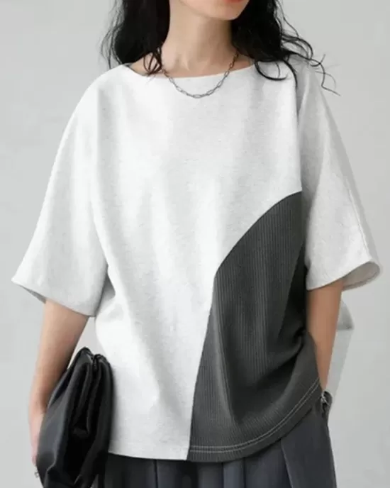 Contrast Color Batwing Sleeves Half Sleeves Round-neck T-Shirts Tops