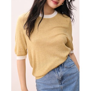 Contrast Color Loose Short Sleeves Round-Neck T-Shirts