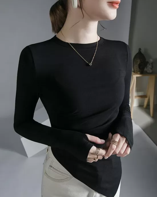 Asymmetric Pleated Solid Color Long Sleeves Skinny Round-Neck T-Shirts Tops