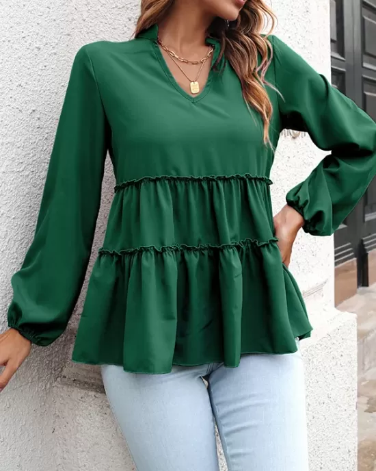 Solid Color Long Sleeves Loose V-Neck T-Shirts Tops