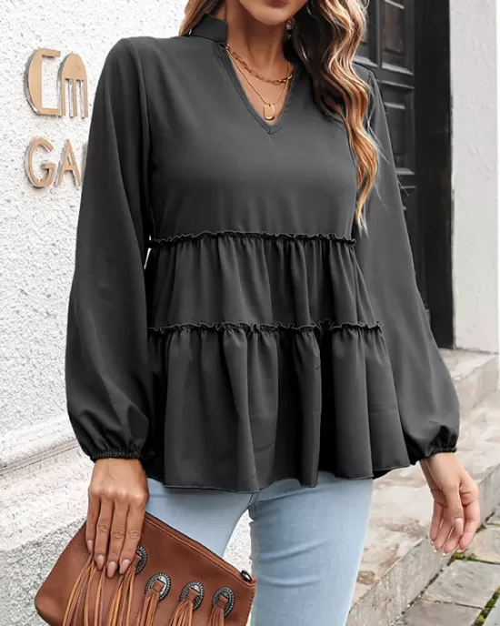 Solid Color Long Sleeves Loose V-Neck T-Shirts Tops