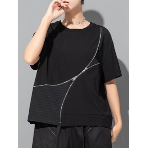 Asymmetric Split-Joint Zipper Loose Short Sleeves Round-neck T-Shirts Tops