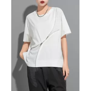 Asymmetric Split-Joint Zipper Loose Short Sleeves Round-neck T-Shirts Tops