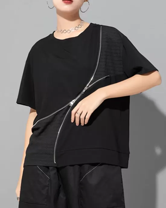 Asymmetric Split-Joint Zipper Loose Short Sleeves Round-neck T-Shirts Tops