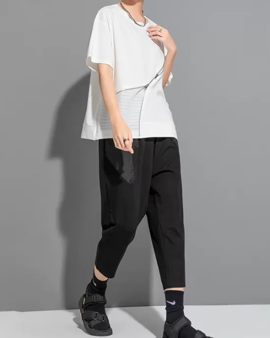 Asymmetric Split-Joint Zipper Loose Short Sleeves Round-neck T-Shirts Tops