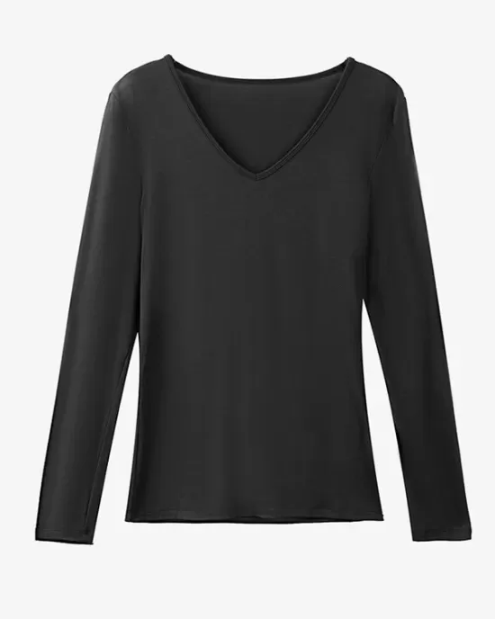 Casual Skinny Long Sleeves Solid Color V-Neck T-Shirts