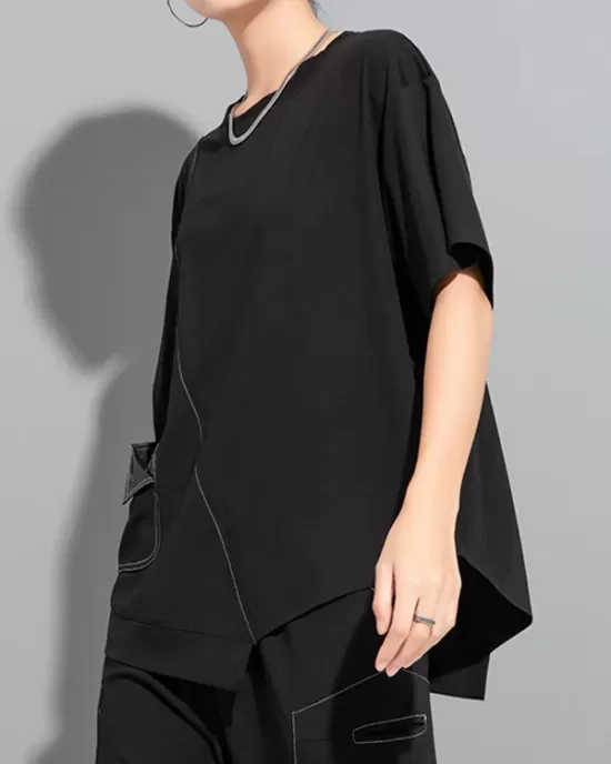 Asymmetric Solid Color Split-Joint Loose Short Sleeves Round-Neck T-Shirts Tops