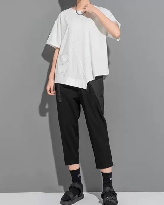 Asymmetric Solid Color Split-Joint Loose Short Sleeves Round-Neck T-Shirts Tops