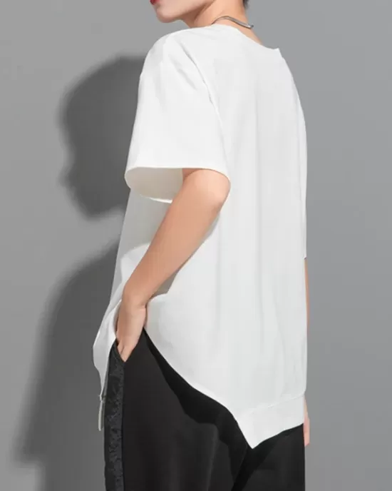 Asymmetric Solid Color Split-Joint Loose Short Sleeves Round-Neck T-Shirts Tops