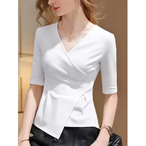 Asymmetric Solid Color Half Sleeves Skinny V-Neck T-Shirts Tops