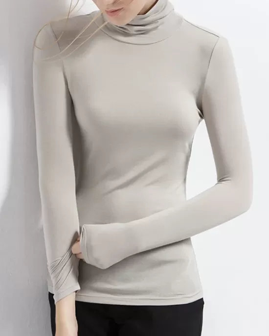 Simple Long Sleeves Skinny Solid Color High-Neck T-Shirts