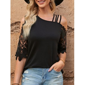 Asymmetric Hollow Solid Color Loose Short Sleeves Cold Shoulder T-Shirts