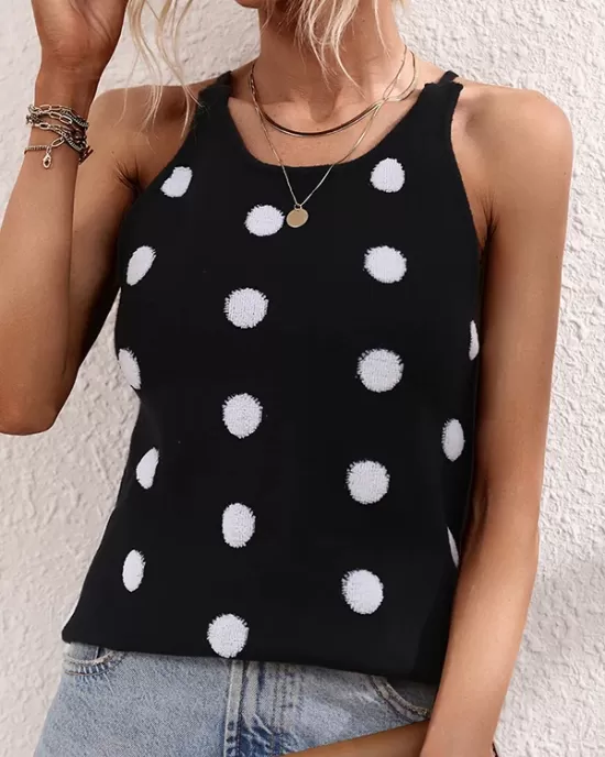 Hollow Polka-Dot High-Low Sleeveless Round-Neck Vest Top