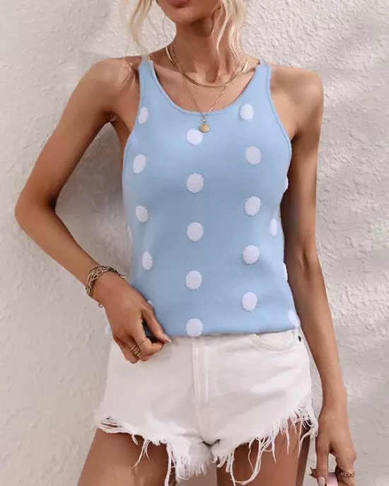 Hollow Polka-Dot High-Low Sleeveless Round-Neck Vest Top