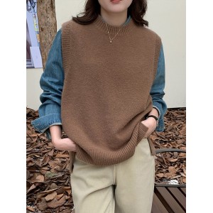 Solid Color Split-Joint Split-side High-low Loose Round-neck Vest Top Knitwear