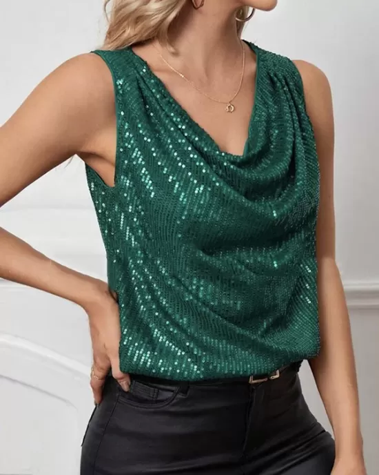 Sequined Shiny Solid Color Split-Joint Loose Sleeveless V-neck Vest Top