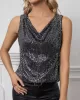 Sequined Shiny Solid Color Split-Joint Loose Sleeveless V-neck Vest Top