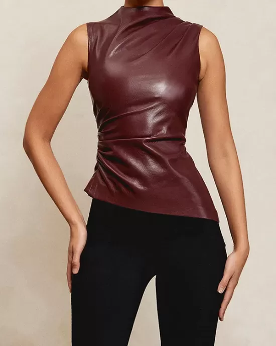 Asymmetric Pleated Solid Color Skinny Sleeveless Mock Neck Vest Top