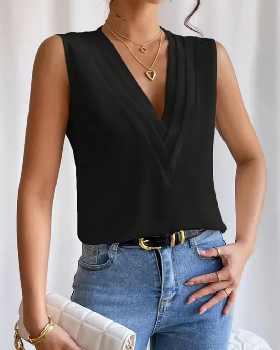 Layered Solid Color Loose Sleeveless V-Neck Vest Top