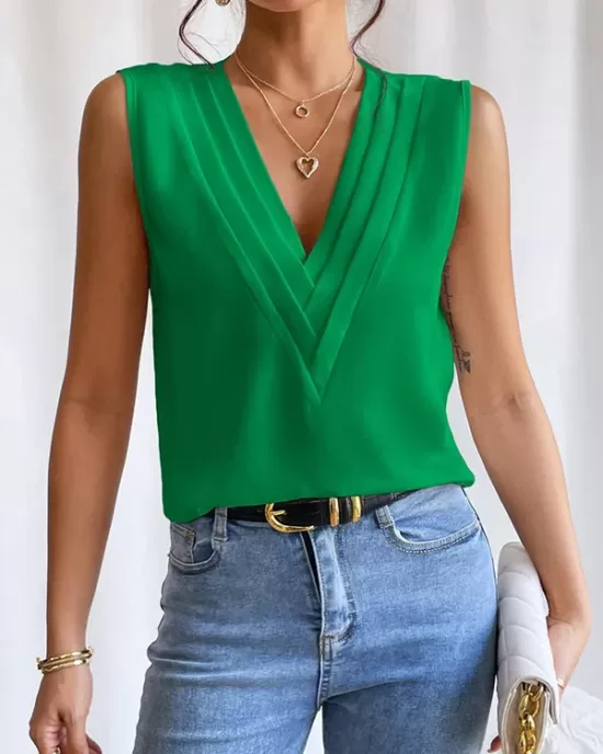 Layered Solid Color Loose Sleeveless V-Neck Vest Top