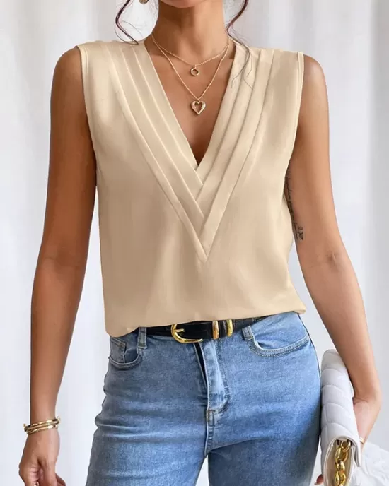 Layered Solid Color Loose Sleeveless V-Neck Vest Top