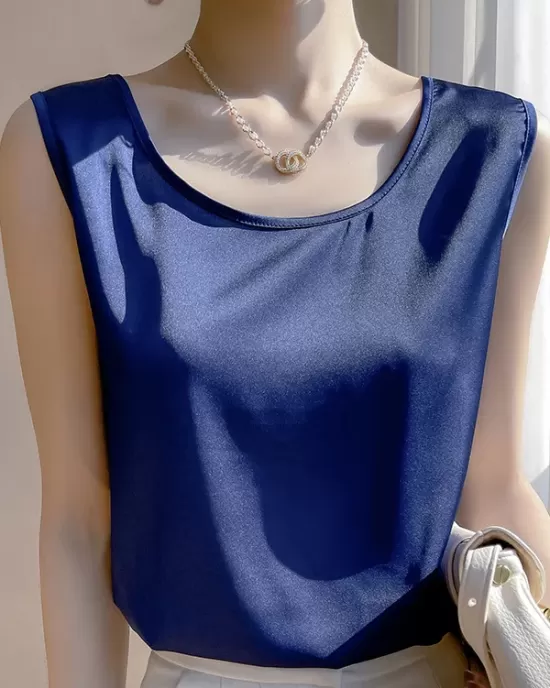 Solid Color Loose Sleeveless Round-Neck Vest Top