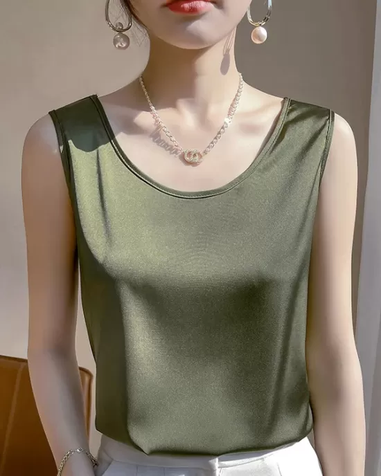 Solid Color Loose Sleeveless Round-Neck Vest Top