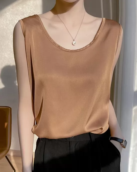 Solid Color Loose Sleeveless Round-Neck Vest Top