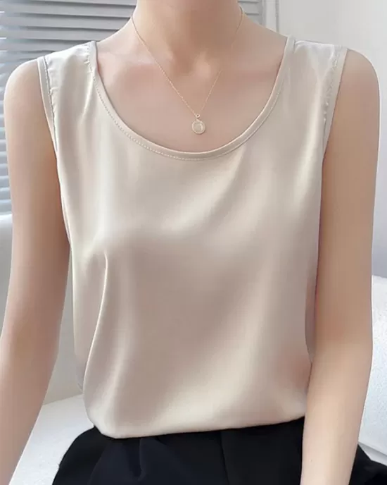 Solid Color Loose Sleeveless Round-Neck Vest Top