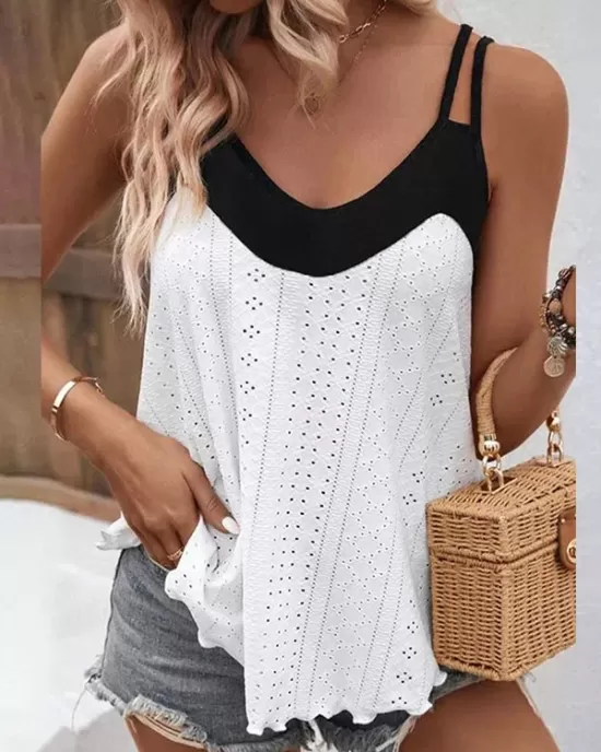 Contrast Color Hollow Split-Joint Loose Sleeveless Spaghetti-Neck Vest Top