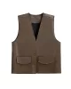 Buttoned Pockets Solid Color Loose Sleeveless V-neck Vest Outerwear