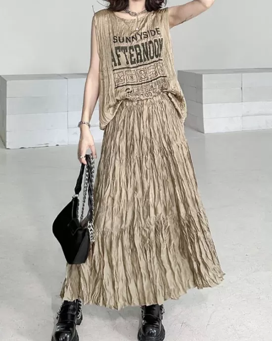 Asymmetric Letter Print Pleated Loose Sleeveless Round-Neck Vest Top