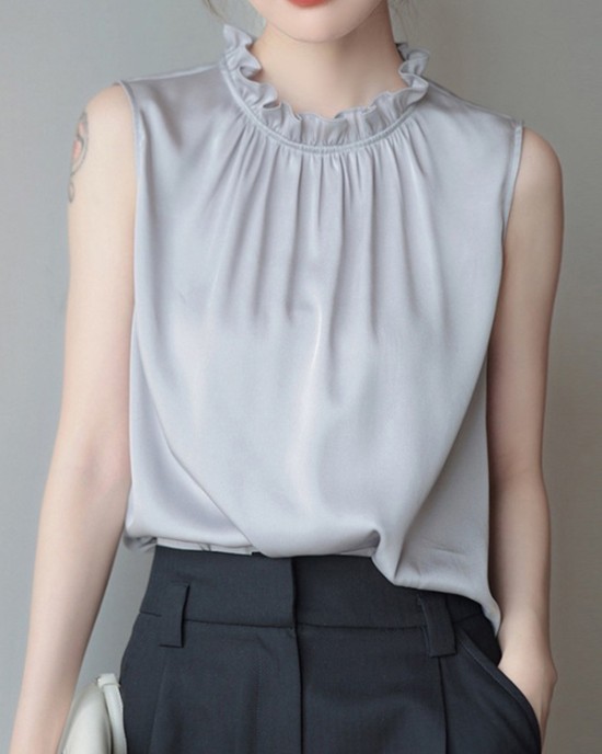 Hollow Pleated Ruffled Solid Color Loose Sleeveless Stand Collar Vest Top