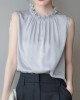 Hollow Pleated Ruffled Solid Color Loose Sleeveless Stand Collar Vest Top