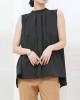 Lace-Up Pleated Solid Color Split-Joint Streamer High-low Loose Stand Collar Vest Top