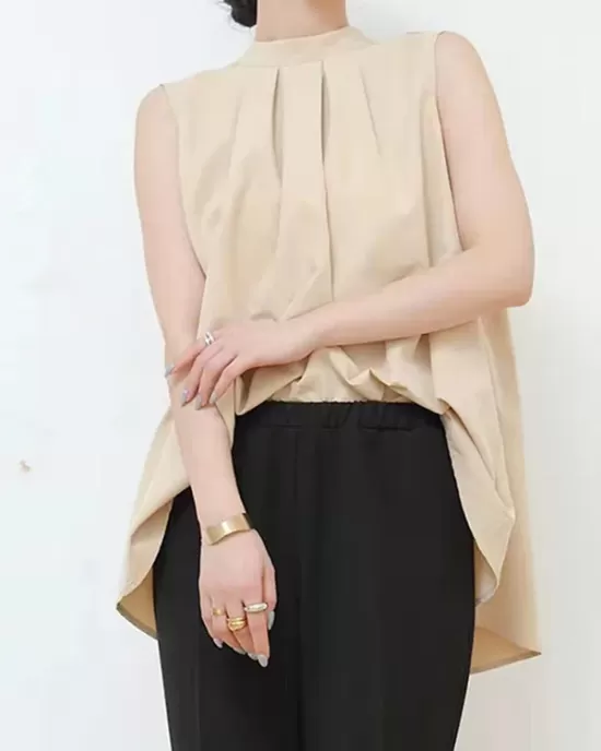 Lace-Up Pleated Solid Color Split-Joint Streamer High-low Loose Stand Collar Vest Top