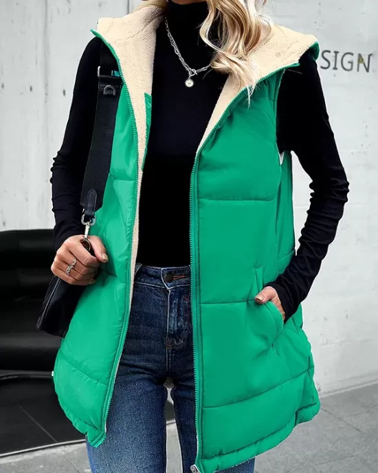 Loose Sleeveless Pockets Quilted Reversible Zipper Hooded Padded Vest Vest Outerwear