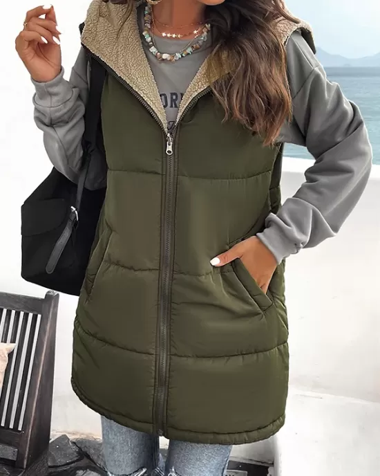 Loose Sleeveless Pockets Quilted Reversible Zipper Hooded Padded Vest Vest Outerwear