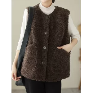 Buttoned Pockets Loose Sleeveless Round-Neck Vest Outerwear