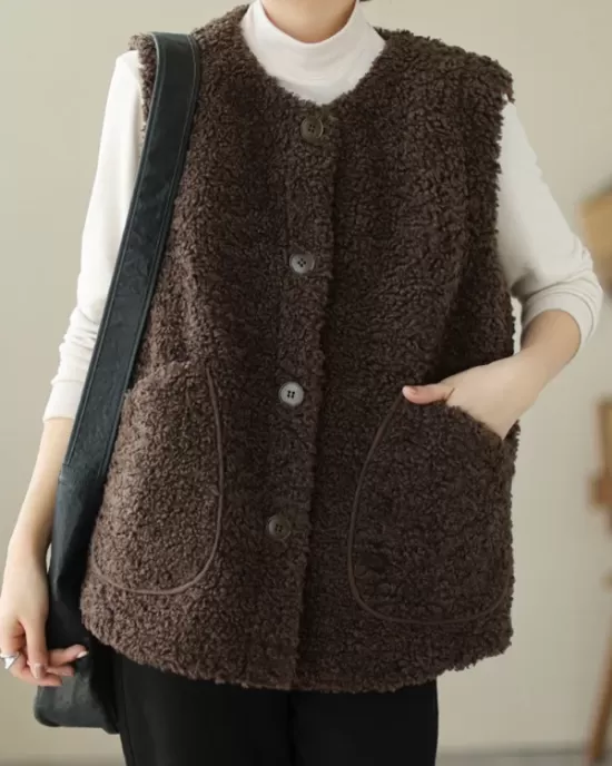 Buttoned Pockets Loose Sleeveless Round-Neck Vest Outerwear