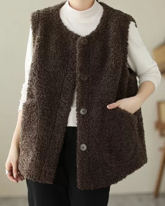 Buttoned Pockets Loose Sleeveless Round-Neck Vest Outerwear