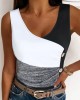 Contrast Color Elasticity Pleated Split-Joint Skinny Sleeveless V-neck Vest Top