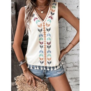 Embroidered Tasseled Loose Sleeveless V-Neck Vest Top