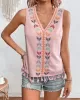 Embroidered Tasseled Loose Sleeveless V-Neck Vest Top