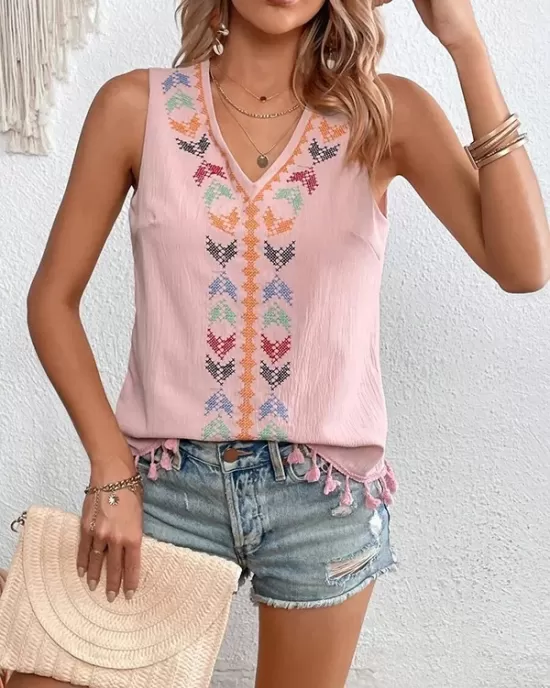 Embroidered Tasseled Loose Sleeveless V-Neck Vest Top